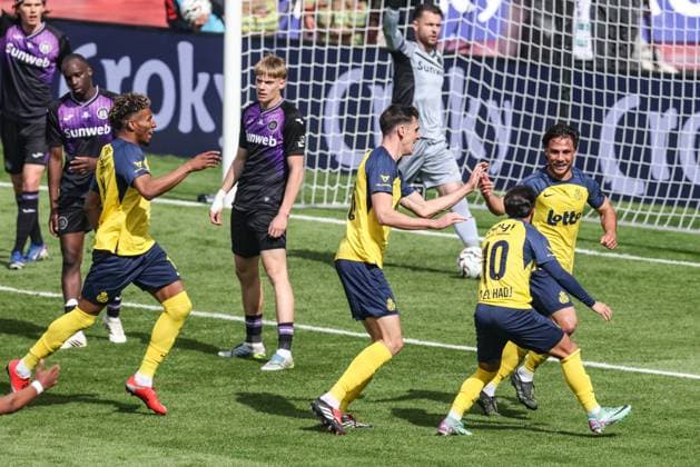 Union s Kevin Mac Allister celebrates after scoring during a soccer game between Royale Union Saint-Gilloise and RSC Anderlecht, Thursday 14 May 2026 in Brussels, the final of the Croky Cup Belgian soccer cup. BRUNOxFAHY  x173870290x