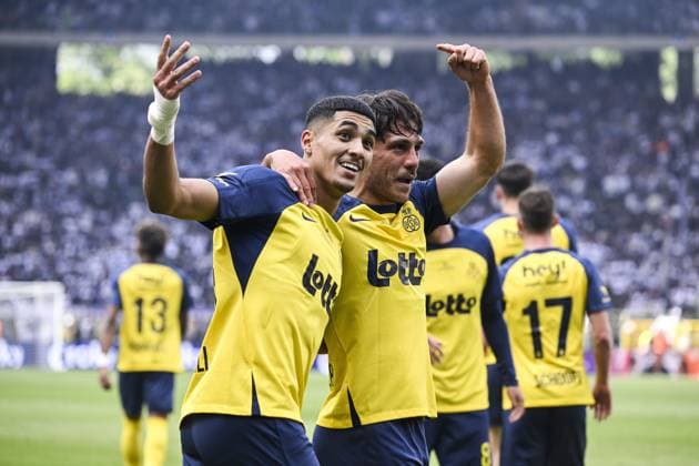 Union s Anan Khalaili and Union s Kevin Mac Allister celebrate after scoring during a soccer game between Royale Union Saint-Gilloise and RSC Anderlecht, Thursday 14 May 2026 in Brussels, the final of the Croky Cup Belgian soccer cup. TOM GOYVAERTS TomxGoyvaerts  x173870850x