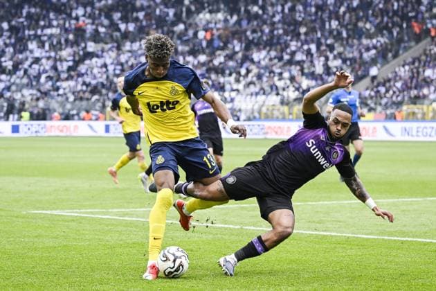 Union s Kevin Rodriguez and Anderlecht s Killian Sardella pictured in action during a soccer game between Royale Union Saint-Gilloise and RSC Anderlecht, Thursday 14 May 2026 in Brussels, the final of the Croky Cup Belgian soccer cup. TOM GOYVAERTS TomxGoyvaerts  x173879318x