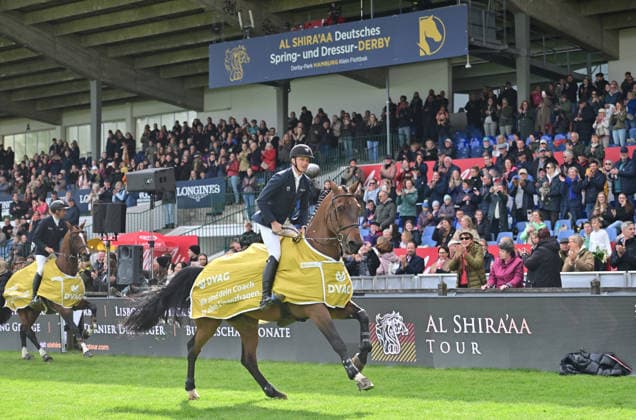 GER; Al Shira aa Deutsches Spring- & Dressur Derby Hamburg 14.05.2026, GER; Al Shira aa Deutsches Spring- & Dressur Derby Hamburg, Preis der Deutschen Vermögensberatung AG - Championat von Hamburg, Al Shira aa CSI5* Tour im Bild 2. Platz Edoard Schmitz (SUI) auf Gamin vanÂ t Naastveldhof auf der Ehrenrunde