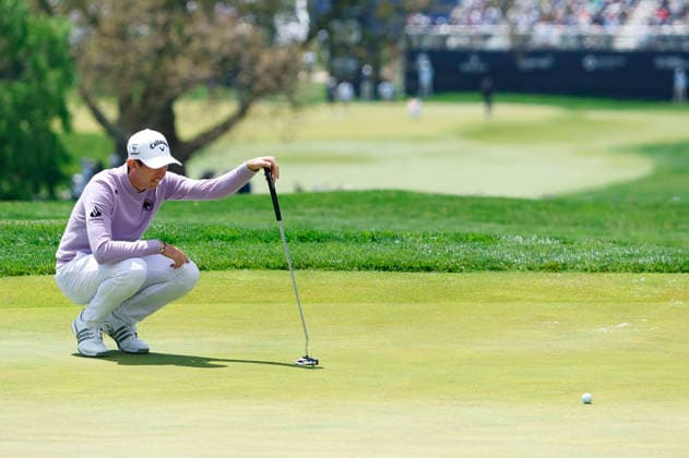 Stephan Jaeger of Germany lines up a putt on the 18th green during the first round of the 2026 PGA, Golf Herren Championship at Aronimink Golf Club in Newtown Square, Pennsylvania, on Thursday, May 14, 2026.  PHI20260514878 LAURENCExKESTERSON