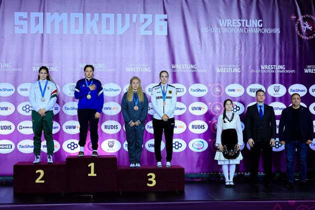 U17, U 17 Wrestling European Championships Podium 73kg WW - Gold: Solomiia Petriv (UKR), Silver: Bianka Barany Almasi (HUN), Bronze: Karina Muzalevskaia (RUS), Lyra Lederer (GER)