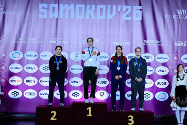 U17, U 17 Wrestling European Championships Podium 65kg WW - Gold: Palina Brahinets (BLR), Silver: Emma Leah Acar (SWE), Bronze: Margarita Lisita (MDA), Mariia Grishchuk (RUS)