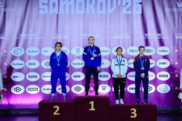 U17, U 17 Wrestling European Championships Podium 49kg WW - Gold: Olena Kolubai (UKR), Silver: Khadija Gurbanzada (AZE), Bronze: Madina Bayramova (GER), Mihaela Bacos (MDA)