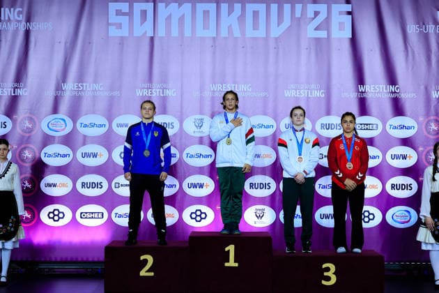 U17, U 17 Wrestling European Championships Podium 57kg WW - Gold: Janka Sillei (HUN), Silver: Mariia Poltorak (UKR), Bronze: Marharyta Danilevich (BLR), Delal Kadir (TUR)