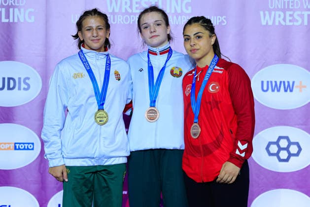 U17, U 17 Wrestling European Championships Podium 57kg WW - Gold: Janka Sillei (HUN), Bronze: Marharyta Danilevich (BLR), Delal Kadir (TUR)