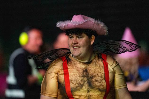 RECORD DATE NOT STATED 14th May 2026, Utilita Arena, Birmingham, Midlands, England; 2026 PDC Bet MGM Premier League Darts Night Fourteen; A fan in fancy dress arrives for the darts GodfreyxPitt