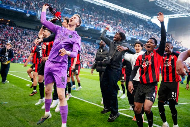 Oddset Cup: FC Copenhagen - FC Midtjylland FC Midtjylland s Elias Olafsson and Oliver Soerensen after the cup final between FC Copenhagen - FC Midtjylland in Parken, Copenhagen on Thursday, May 14, 2026. (Photo: Liselotte Sabroe Ritzau Scanpix) , Copenhagen Denmark Copyright: Ritzau Scanpix LiselottexSabroex spdk20260514-201525-L