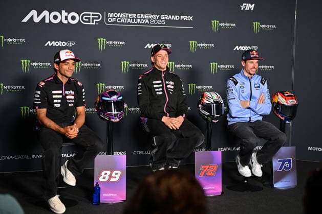 MOTO - MOTO GP - CATALUNYA GRAND PRIX 2026 BEZZECCHI Marco (ita), Aprilia Racing, Aprilia RS-GP26, portrait, press conference, PK, Pressekonferenz with MARTIN Jorge (spa) and MARQUEZ Alex (spa), BK8 Gresini Racing MotoGP, Ducati Desmosedici GP26 during the 2026 MotoGP Monster Energy Grand Prix of Catalunya, on the Catalunya circuit of Barcelona, from May 15 to 17th, in Spain - BarcelonaSpain Copyright: xGIGIxSOLDANOx
