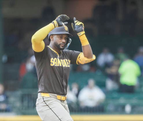 San Diego Padres designated hitter Miguel Andujar reacts after hitting a double in the first inning of the MLB, Baseball Herren, USA game between the San Diego Padres and the Milwaukee Brewers at American Family Field in Milwaukee, Wisconsin on Thursday, May 14, 2026.  MIL20260514806 TANNENxMAURY