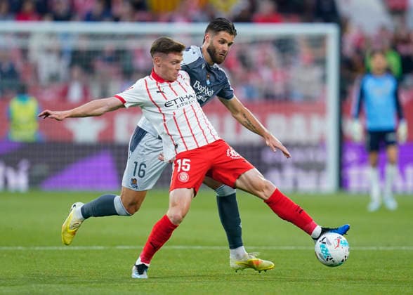 ESP: Girona FC v Real Sociedad. La Liga match 2025-2026, Matchday 36. Viktor Tsyganov of Girona FC and Duje Caleta-Car of Real Sociedad during the La Liga match 2025-2026, match day 36 between Girona FC and Real Sociedad played at Montilivi Stadium on May 14, 2026 in Girona, Spain. kpng Copyright: xSergioxRuizx xPRESSINPHOTOx PS_260514_GIR_RSO_2526_009