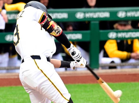 Pittsburgh Pirates catcher (13) Endy Rodigguez singles scoring two runs in the third nning against the Colorado Rockies at PNC Park on Thursday, May 14, 2026 in Pittsburgh.  PIT2026051414 ArchiexCarpenter