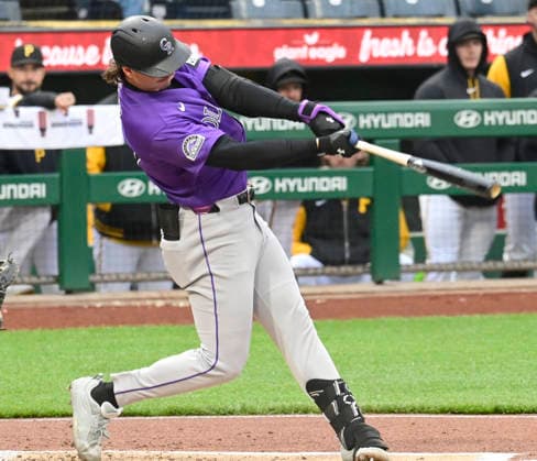 Colorado Rockies left fielder Jordan Beck (27) doubles in the third inning against the Pittsburgh Pirates at PNC Park on Thursday, May 14, 2026 in Pittsburgh.  PIT2026051418 ArchiexCarpenter