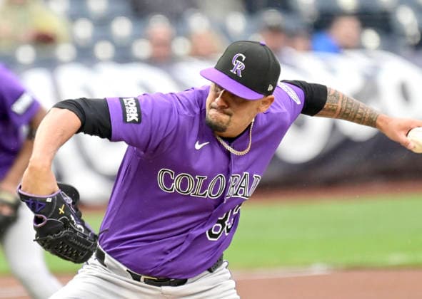 Colorado Rockies pitcher Brennan Bernardino (83) throws during the second inning against the Pittsburgh Pirates on Thursday, May 14, 2026 in Pittsburgh.  PIT2026051417 ArchiexCarpenter