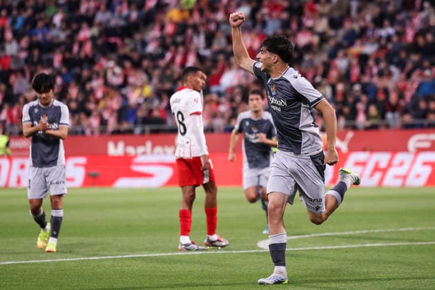 May 14, 2026, Girona, Girona, SPAIN: Jon Martin of Real Sociedad celebrates a goal during the Spanish league, LaLiga EA Sports, football match played between Girona FC and Real Sociedad at Montilivi stadium on May 14, 2026 in Girona, Spain. Girona FC V Real Sociedad - LaLiga EA Sports  - ZUMAa181 20260514_zaa_a181_042 Copyright: xJavierxBorregox