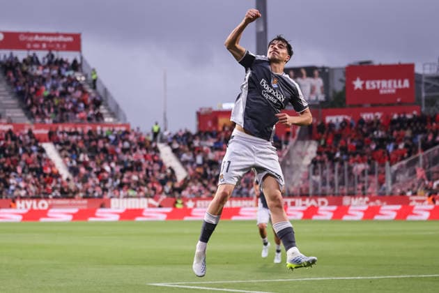 May 14, 2026, Girona, Girona, SPAIN: Jon Martin of Real Sociedad celebrates a goal during the Spanish league, LaLiga EA Sports, football match played between Girona FC and Real Sociedad at Montilivi stadium on May 14, 2026 in Girona, Spain. Girona SPAIN - ZUMAa181 20260514_zaa_a181_038 Copyright: xJavierxBorregox