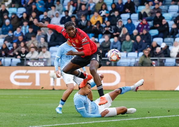 Manchester, England, 14th May 2026. Godwill Kukonki of Manchester United, ManU scores their sides first goal during the Manchester City U18 vs Manchester United U18 FA Youth Cup Final match at the Academy Stadium, Manchester. Picture credit should read: Cody Froggatt Sportimage EDITORIAL USE ONLY. No use with unauthorised audio, video, data, fixture lists, club league logos or live services. Online in-match use limited to 120 images, no video emulation. No use in betting, games or single club league player publications. SPI_024_CF_MANCHESTER_CITY_U18_V_MANCHESTER_UNITED_U18 SPI-4801-0022
