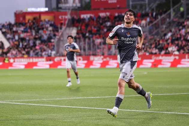 May 14, 2026, Girona, Girona, SPAIN: Jon Martin of Real Sociedad celebrates a goal during the Spanish league, LaLiga EA Sports, football match played between Girona FC and Real Sociedad at Montilivi stadium on May 14, 2026 in Girona, Spain. Girona SPAIN - ZUMAa181 20260514_zaa_a181_039 Copyright: xJavierxBorregox