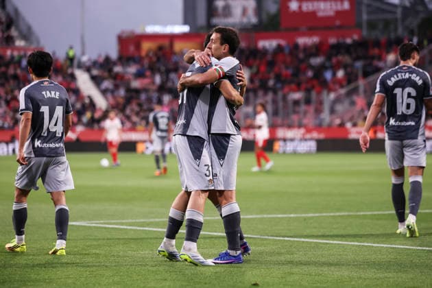 May 14, 2026, Girona, Girona, SPAIN: Jon Martin of Real Sociedad celebrates a goal with Mikel Oyarzabal during the Spanish league, LaLiga EA Sports, football match played between Girona FC and Real Sociedad at Montilivi stadium on May 14, 2026 in Girona, Spain. Girona SPAIN - ZUMAa181 20260514_zaa_a181_045 Copyright: xJavierxBorregox