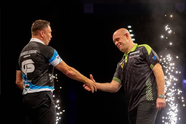 Darts BetMGM Premier League Gerwyn Price celebrates wn against Michael van Gerwen during the BetMGM Premier League darts, at Utilita Arena, Birmingham, UK on 14 May 2026. Birmingham Utilita Arena Midlands UK Editorial use only , Copyright: xManjitxNarotrax PSI-24244-0012