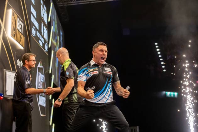 Darts BetMGM Premier League Gerwyn Price celebrates wn against Michael van Gerwen during the BetMGM Premier League darts, at Utilita Arena, Birmingham, UK on 14 May 2026. Birmingham Utilita Arena Midlands UK Editorial use only , Copyright: xManjitxNarotrax PSI-24244-0014