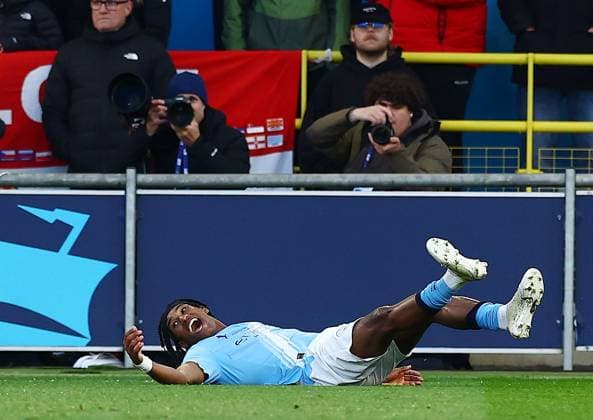 Reigan Heskey of Manchester City celebrates scoring a goal to make it 2-1 Manchester City U18 v Manchester United, ManU U18, FA Youth Cup Final, Football, Joie Stadium, Manchester , UK - 14 May 2026Manchester Joie Stadium United Kingdom EDITORIAL USE ONLY No use with unauthorised audio, video, data, fixture lists, club league logos or live services. Online in-match use limited to 120 images, no video emulation. No use in betting, games or single club league player publications. Copyright: xMattxWest Shutterstockx 16871363aa