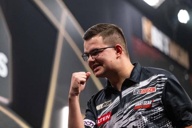 RECORD DATE NOT STATED 14th May 2026, Utilita Arena, Birmingham, Midlands, England; 2026 PDC Bet MGM Premier League Darts Night Fourteen; Gian van Veen celebrates winning his quarter final match against Josh Rock GodfreyxPitt