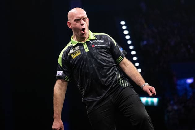 RECORD DATE NOT STATED 14th May 2026, Utilita Arena, Birmingham, Midlands, England; 2026 PDC Bet MGM Premier League Darts Night Fourteen; Michael van Gerwen celebrates winning a leg in his quarter final match against Gerwyn Price GodfreyxPitt