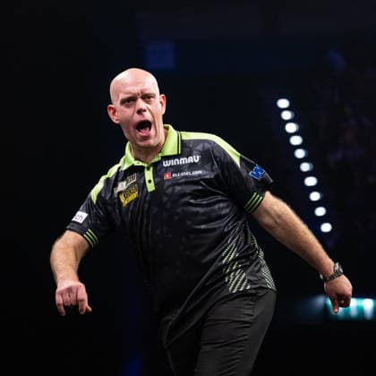 RECORD DATE NOT STATED 14th May 2026, Utilita Arena, Birmingham, Midlands, England; 2026 PDC Bet MGM Premier League Darts Night Fourteen; Michael van Gerwen celebrates winning a leg in his quarter final match against Gerwyn Price GodfreyxPitt