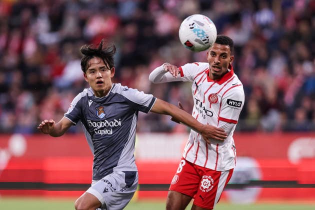 May 14, 2026, Girona, Girona, SPAIN: Takefusa Kubo of Real Sociedad and Azzedine Ounahi of Girona FC compete for the ball during the Spanish league, LaLiga EA Sports, football match played between Girona FC and Real Sociedad at Montilivi stadium on May 14, 2026 in Girona, Spain. Girona FC V Real Sociedad - LaLiga EA Sports  - ZUMAa181 20260514_zaa_a181_076 Copyright: xJavierxBorregox