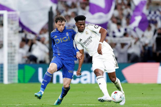 LA LIGA EA Sports - Real Madrid vs Oviedo MADRID, SPAIN - May 14:Aurelien Tchouameni of Real Madrid and Federico Vinas of Oviedo in action during the La Liga 2025 26 match between Real Madrid and Oviedo at Santiago Bernabeu Stadium. (Photo by Guillermo Martinez) Madrid Santiago Bernabeu Stadium Spain Copyright: xGuillermoxMartinezx