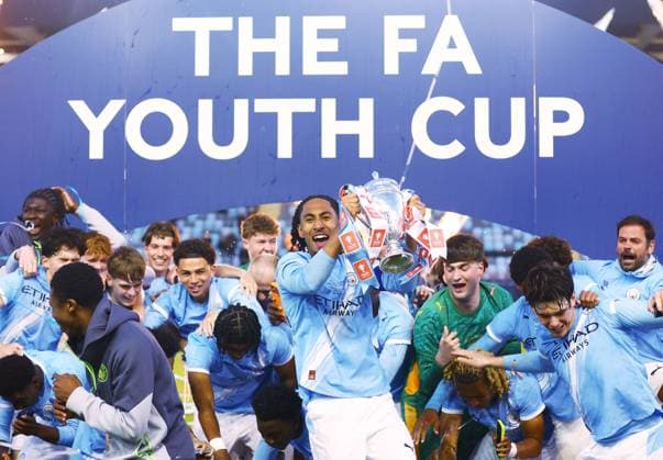Manchester City lift the FA Youth Cup trophy at the end of the match Manchester City U18 v Manchester United, ManU U18, FA Youth Cup Final, Football, Joie Stadium, Manchester , UK - 14 May 2026Manchester Joie Stadium United Kingdom EDITORIAL USE ONLY No use with unauthorised audio, video, data, fixture lists, club league logos or live services. Online in-match use limited to 120 images, no video emulation. No use in betting, games or single club league player publications. Copyright: xMattxWest Shutterstockx 16871363ak
