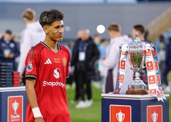 Manchester, England, 14th May 2026. Joseph Junior Andreou Gabriel (JJ Gabriel) of Manchester United, ManU reacts after he collects his runners up medal following the Manchester City U18 vs Manchester United U18 FA Youth Cup Final match at the Academy Stadium, Manchester. Picture credit should read: Cody Froggatt Sportimage EDITORIAL USE ONLY. No use with unauthorised audio, video, data, fixture lists, club league logos or live services. Online in-match use limited to 120 images, no video emulation. No use in betting, games or single club league player publications. SPI_042_CF_MANCHESTER_CITY_U18_V_MANCHESTER_UNITED_U18 SPI-4801-0040