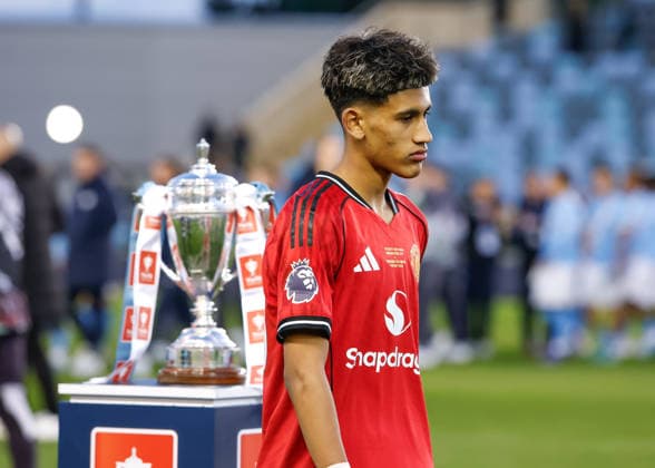 Manchester, England, 14th May 2026. Joseph Junior Andreou Gabriel (JJ Gabriel) of Manchester United, ManU reacts after he collects his runners up medal following the Manchester City U18 vs Manchester United U18 FA Youth Cup Final match at the Academy Stadium, Manchester. Picture credit should read: Cody Froggatt Sportimage EDITORIAL USE ONLY. No use with unauthorised audio, video, data, fixture lists, club league logos or live services. Online in-match use limited to 120 images, no video emulation. No use in betting, games or single club league player publications. SPI_043_CF_MANCHESTER_CITY_U18_V_MANCHESTER_UNITED_U18 SPI-4801-0041