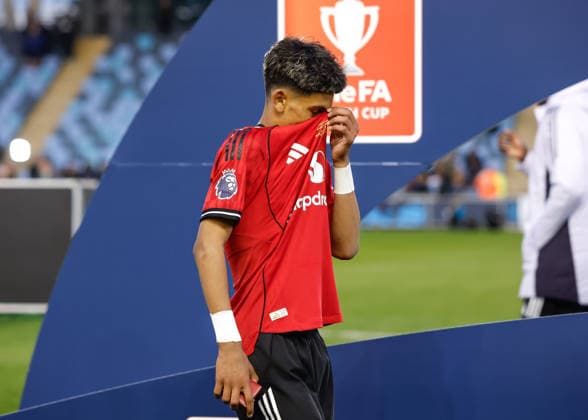 Manchester, England, 14th May 2026. Joseph Junior Andreou Gabriel (JJ Gabriel) of Manchester United, ManU reacts after he collects his runners up medal following the Manchester City U18 vs Manchester United U18 FA Youth Cup Final match at the Academy Stadium, Manchester. Picture credit should read: Cody Froggatt Sportimage EDITORIAL USE ONLY. No use with unauthorised audio, video, data, fixture lists, club league logos or live services. Online in-match use limited to 120 images, no video emulation. No use in betting, games or single club league player publications. SPI_044_CF_MANCHESTER_CITY_U18_V_MANCHESTER_UNITED_U18 SPI-4801-0042