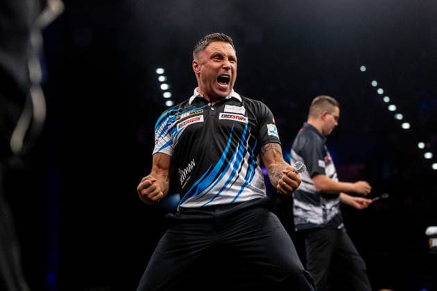 Darts BetMGM Premier League Gerwyn Price wins 1st Semi-Final and celebrates during the BetMGM Premier League darts, at Utilita Arena, Birmingham, UK on 14 May 2026. Birmingham Utilita Arena Midlands UK Editorial use only , Copyright: xManjitxNarotrax PSI-24244-0031