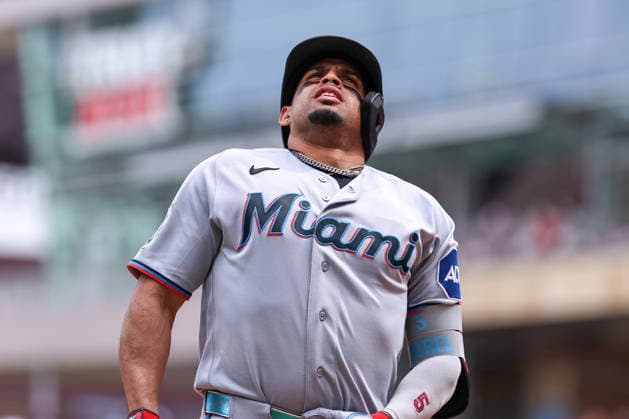 May 14, 2026, Minneapolis, Minnesota, USA: Miami Marlins first baseman CHRISTOPHER MOREL (5) looks on during a MLB, Baseball Herren, USA Baseball game between the Miami Marlins and the Minnesota Twins at Target Field in Minneapolis, Minnesota on May 14th, 2026. ZUMA Press Wire. Minneapolis USA - ZUMAg254 20260514_zsp_g254_080 Copyright: xStevenxGarciax