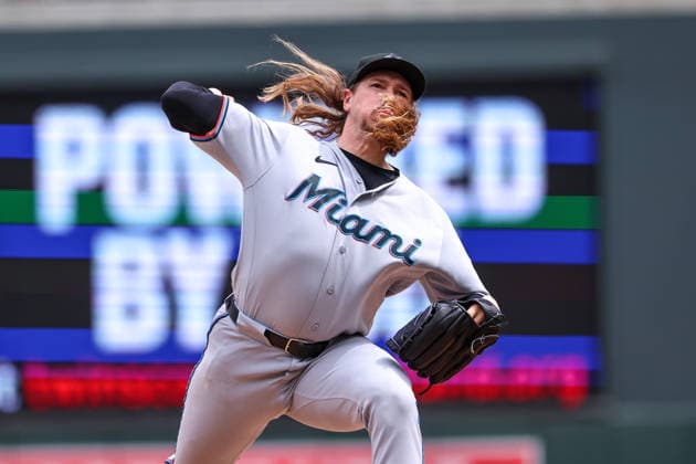 May 14, 2026, Minneapolis, Minnesota, USA: Miami Marlins pitcher LAKE BACHAR (84) pitches in the sixth inning during a MLB, Baseball Herren, USA Baseball game between the Miami Marlins and the Minnesota Twins at Target Field in Minneapolis, Minnesota on May 14th, 2026. ZUMA Press Wire. Minneapolis USA - ZUMAg254 20260514_zsp_g254_071 Copyright: xStevenxGarciax