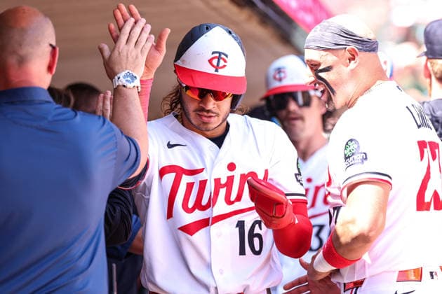 May 14, 2026, Minneapolis, Minnesota, USA: Minnesota Twins right fielder AUSTIN MARTIN (16) celebrates scoring on a RBI double hit by Minnesota Twins right fielder AUSTIN MARTIN (16)(not pictured) during a MLB, Baseball Herren, USA Baseball game between the Miami Marlins and the Minnesota Twins at Target Field in Minneapolis, Minnesota on May 14th, 2026. ZUMA Press Wire. Minneapolis USA - ZUMAg254 20260514_zsp_g254_070 Copyright: xStevenxGarciax