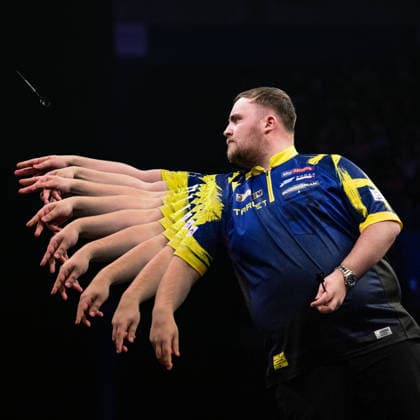 RECORD DATE NOT STATED 14th May 2026, Utilita Arena, Birmingham, Midlands, England; 2026 PDC Bet MGM Premier League Darts Night Fourteen; Multiple exposure of Luke Littler in action on the oche in his quarter final match against Jonny Clayton GodfreyxPitt