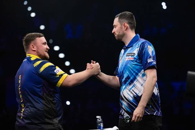 RECORD DATE NOT STATED 14th May 2026, Utilita Arena, Birmingham, Midlands, England; 2026 PDC Bet MGM Premier League Darts Night Fourteen; Luke Littler shakes hands with his opponent Luke Humphries before their semi final match GodfreyxPitt