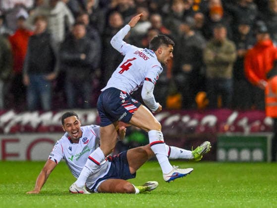 Bradford City v Bolton Wanderers Sky Bet League 1 Xavier Simons of Bolton Wanderers celebrates after scoring his teams first goal the Sky Bet League 1 Play-Off Semi-Final Second Leg match at the University of Bradford Stadium, Bradford 14 05 2026 UK Newspapers OUT Copyright: xKarlxVallantinex FIL-23430-0062