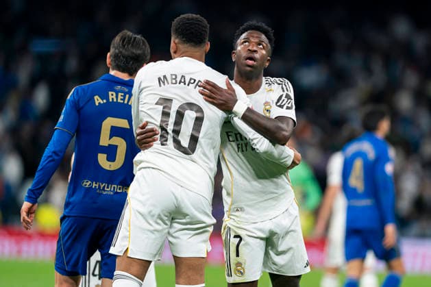 REAL MADRID CF v REAL OVIEDO. LA LIGA 2025 2026. ROUND 36. Real Madrid CFÂ s Kylian Mbappe and Vinicius Junior during La Liga match. May 14, 2026 (20260514146)