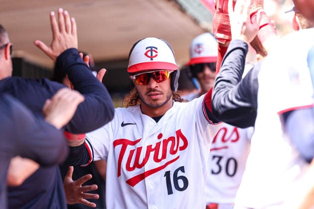 May 14, 2026, Minneapolis, Minnesota, USA: Minnesota Twins right fielder AUSTIN MARTIN (16) celebrates scoring on a RBI double hit by Minnesota Twins right fielder AUSTIN MARTIN (16)(not pictured) during a MLB, Baseball Herren, USA Baseball game between the Miami Marlins and the Minnesota Twins at Target Field in Minneapolis, Minnesota on May 14th, 2026. ZUMA Press Wire. Minneapolis USA - ZUMAg254 20260514_zsp_g254_062 Copyright: xStevenxGarciax