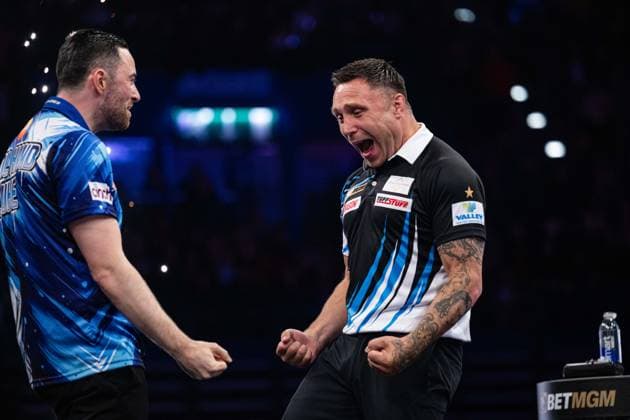 RECORD DATE NOT STATED 14th May 2026, Utilita Arena, Birmingham, Midlands, England; 2026 PDC Bet MGM Premier League Darts Night Fourteen; Luke Humphries celebrates winning the final against Gerwyn Price and imitates his roar with him GodfreyxPitt
