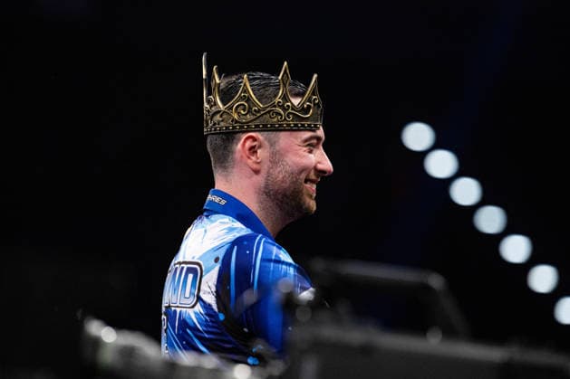 RECORD DATE NOT STATED 14th May 2026, Utilita Arena, Birmingham, Midlands, England; 2026 PDC Bet MGM Premier League Darts Night Fourteen; Luke Humphries celebrates winning the final against Gerwyn Price and wears a crown passed to him by a fan GodfreyxPitt