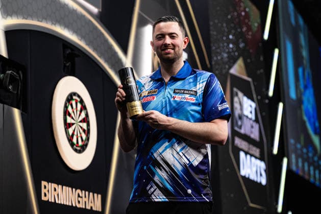 RECORD DATE NOT STATED 14th May 2026, Utilita Arena, Birmingham, Midlands, England; 2026 PDC Bet MGM Premier League Darts Night Fourteen; Luke Humphries celebrates winning the final against Gerwyn Price and holds the BetMGM trophy GodfreyxPitt