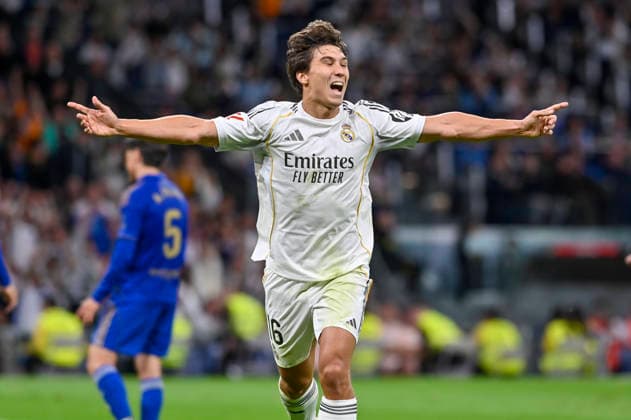 May 14, 2026, Madrid, Madrid, Spain: GONZALO GARCIA of Real Madrid CF Celebrating the first goal of the game, touching his jersey, and thanking his teammates during the match corresponding to the thirty-six round of the 2025 26 First Division National League Championship between REAL MADRID C.F. Vs REAL OVIEDO, played at the Bernabeu Stadium on May 14, 2026, in Madrid, Spain. Madrid Spain - ZUMAc312 20260514_zsp_c312_048 Copyright: xOscarxManuelxSanchezx