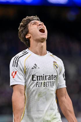 May 14, 2026, Madrid, Madrid, Spain: GONZALO GARCIA of Real Madrid CF Celebrating the first goal of the game, touching his jersey, and thanking his teammates during the match corresponding to the thirty-six round of the 2025 26 First Division National League Championship between REAL MADRID C.F. Vs REAL OVIEDO, played at the Bernabeu Stadium on May 14, 2026, in Madrid, Spain. Madrid Spain - ZUMAc312 20260514_zsp_c312_053 Copyright: xOscarxManuelxSanchezx
