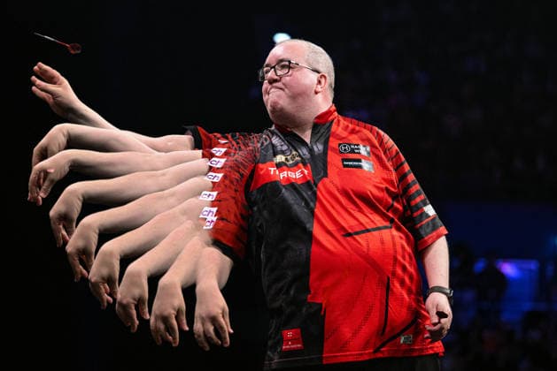 RECORD DATE NOT STATED 14th May 2026, Utilita Arena, Birmingham, Midlands, England; 2026 PDC Bet MGM Premier League Darts Night Fourteen; Multiple exposure of Stephen Bunting in action against Luke Humphries in their quarter final match GodfreyxPitt